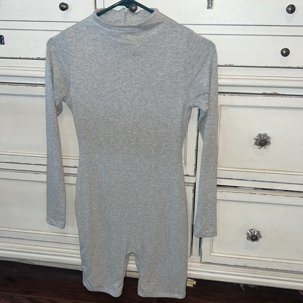 Naked Wardrobe grey longsleeve bike short fitted bodysuit one piece zipper back - Picture 4 of 10